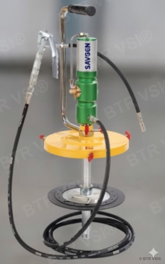 BTR 550D air-operated high pressure sealant gun mounted on a sealant drum with follower plate and high-pressure hose