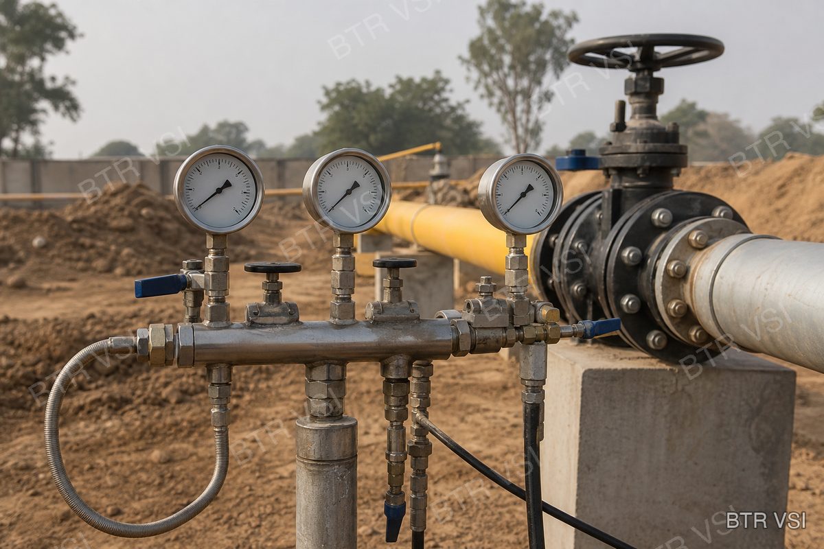 Pressure gauges and test manifold on a new city gas pipeline under nitrogen test