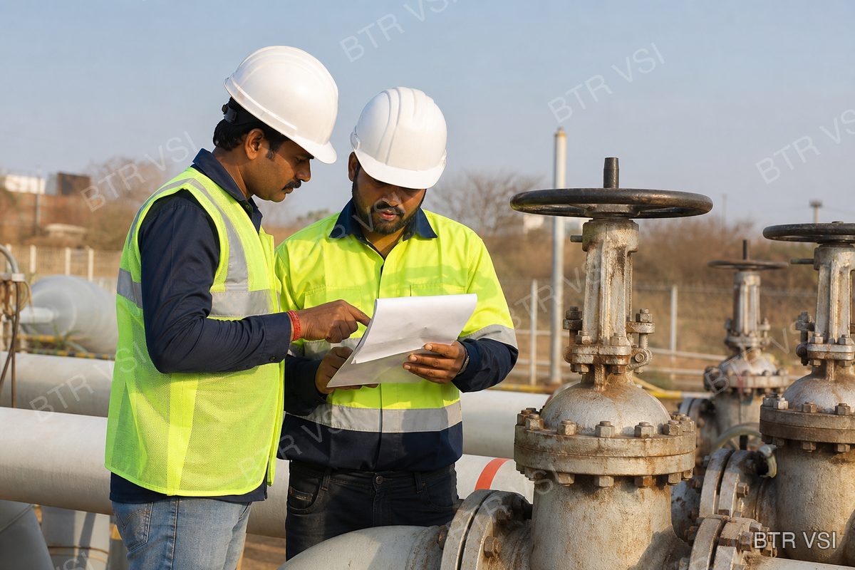 Engineers reviewing a checklist beside pipeline valves
