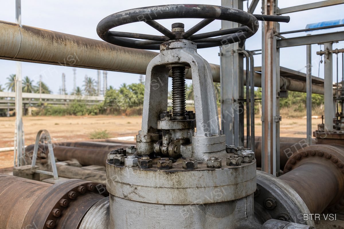 Stem and gland area of a very large gate valve on a crude oil pipeline