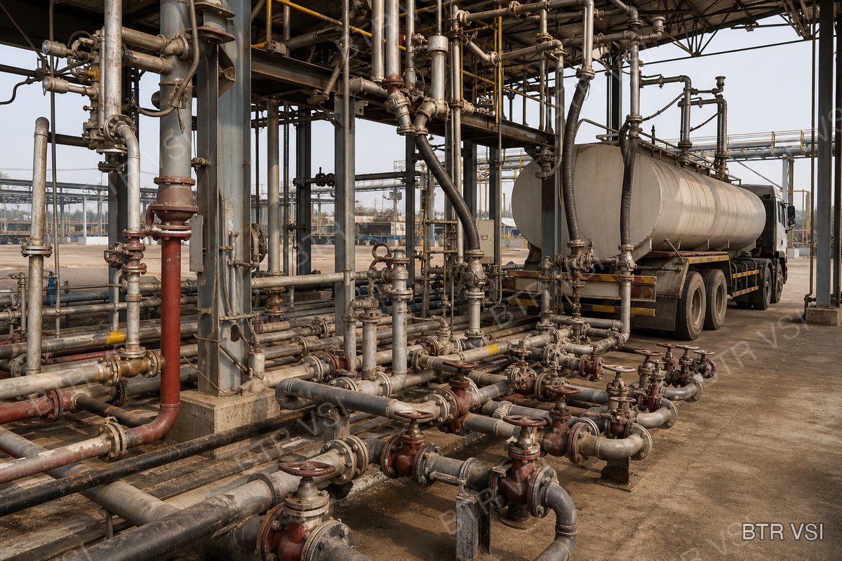 Loading gantry at a fuel depot with plug valves along the product lines