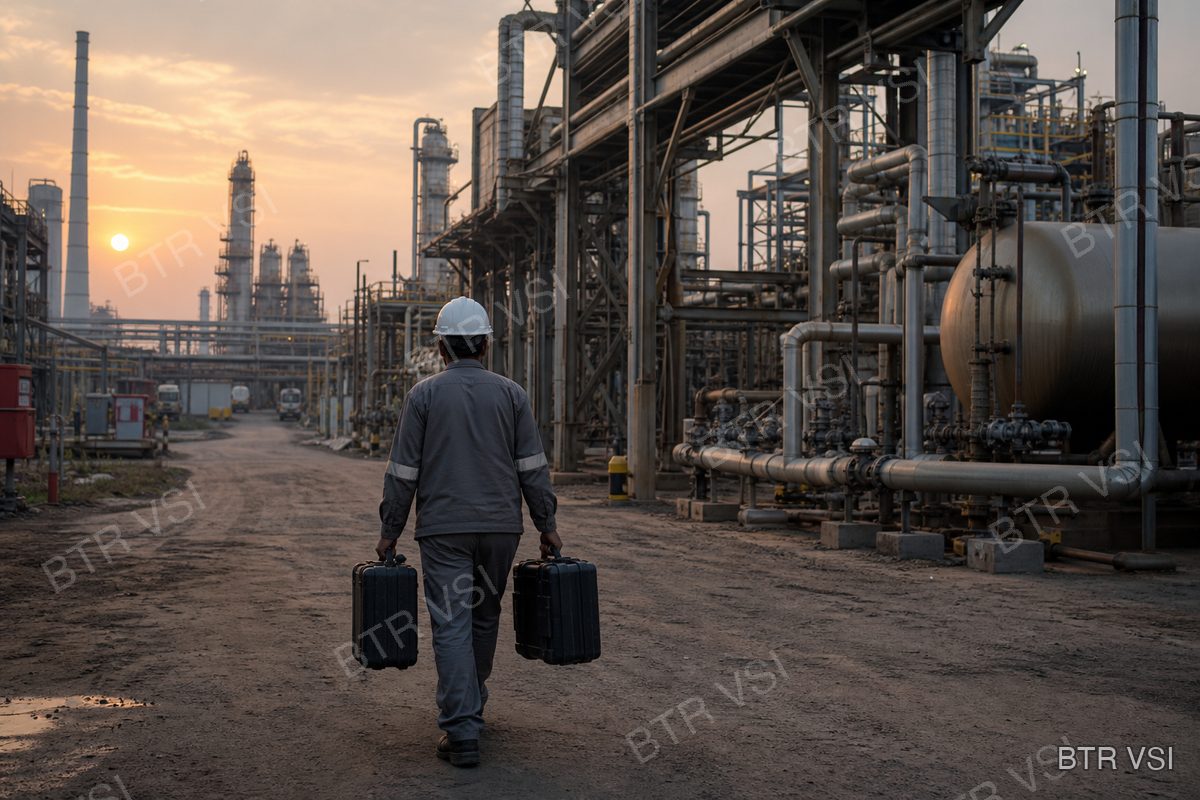 Service technician carrying equipment cases into a fertiliser plant at dawn
