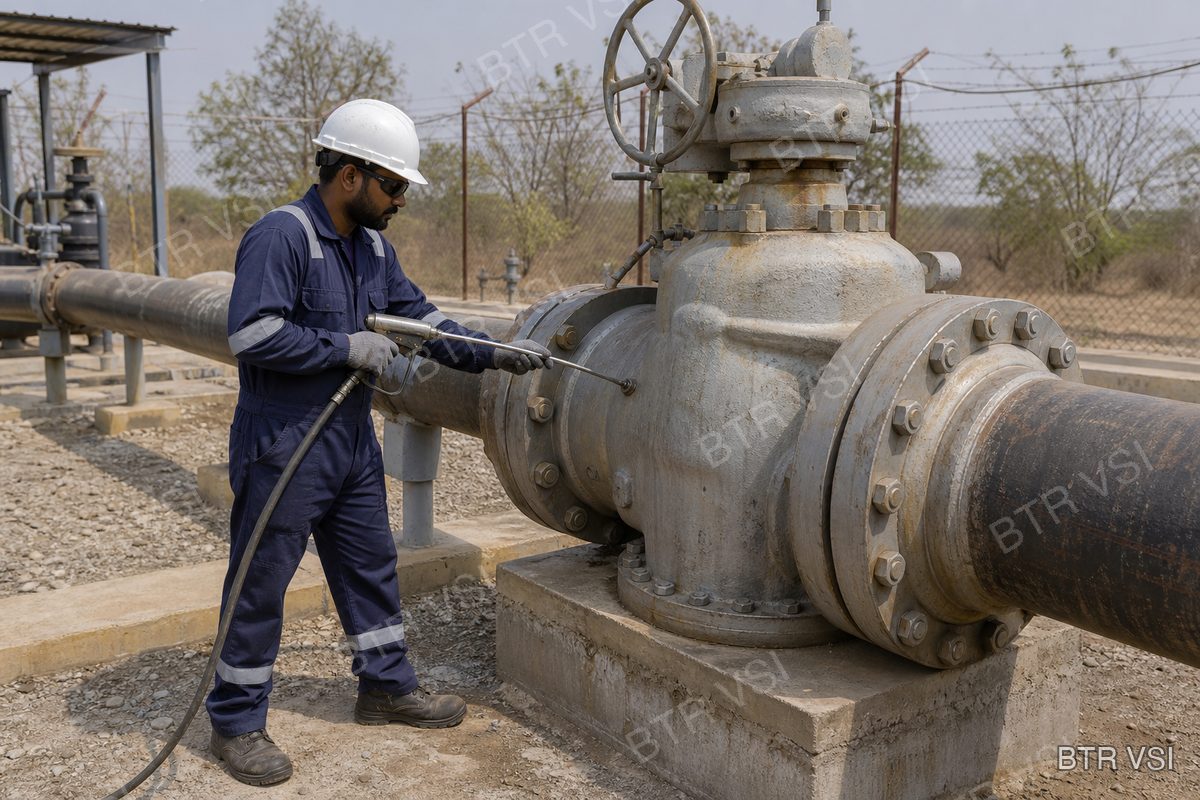 Technician applying a high-pressure injection gun to a large plug valve on a diesel line