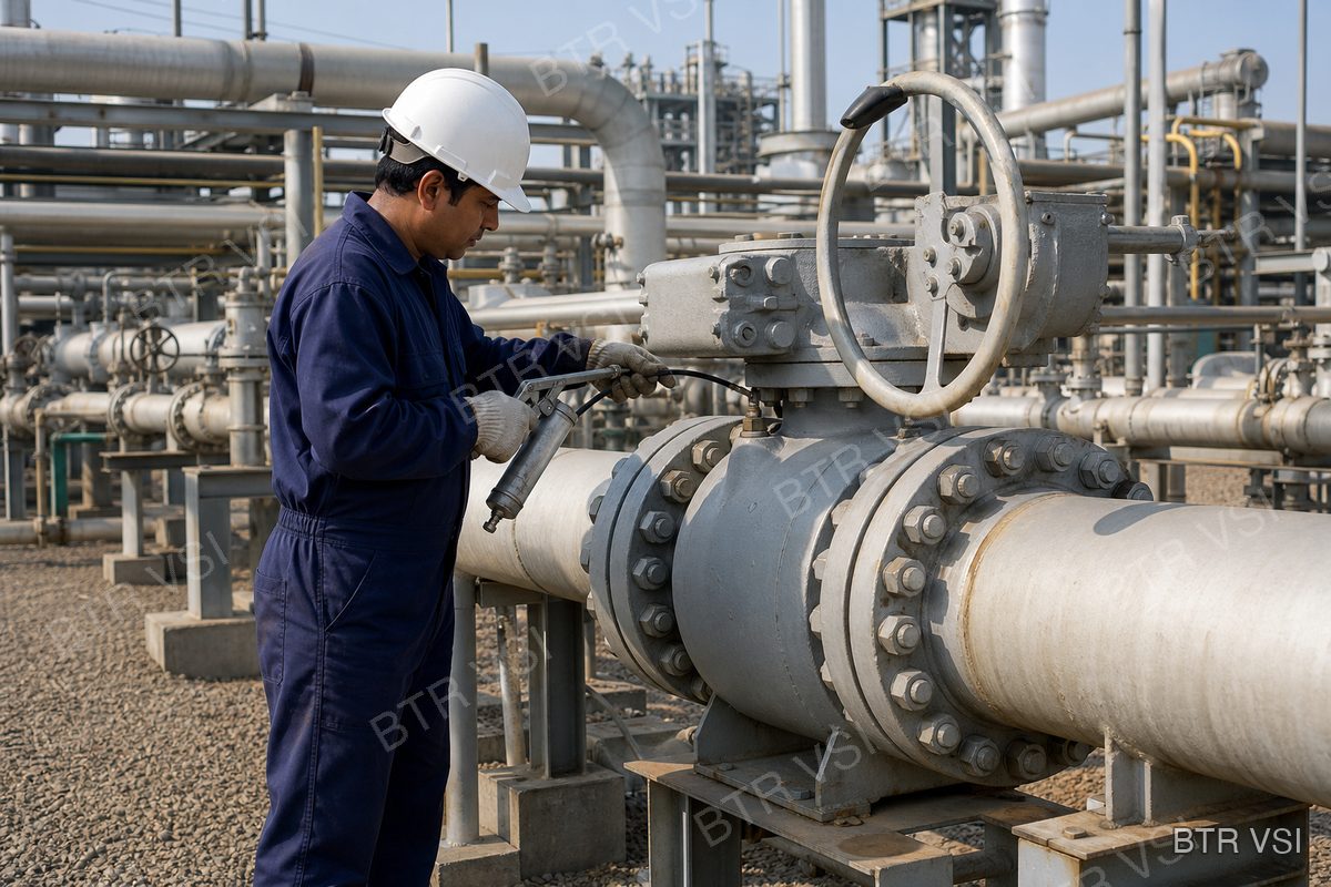 Engineer working at the greasing point of a large isolation valve at a gas gathering station