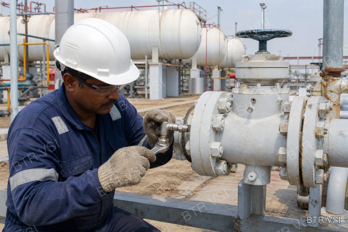 Technician fitting an injection point on a ball valve at an LPG plant