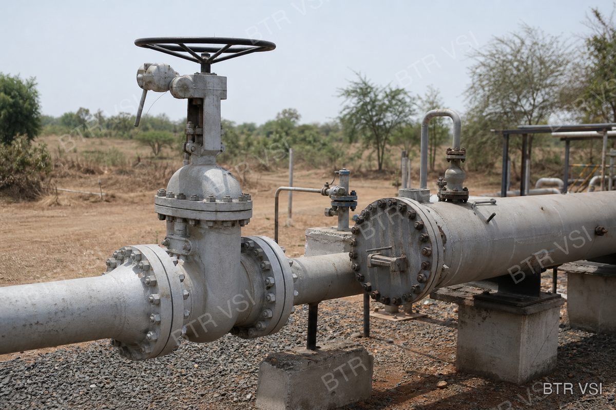 Large gate valve beside a pig launcher barrel at a petroleum pipeline station
