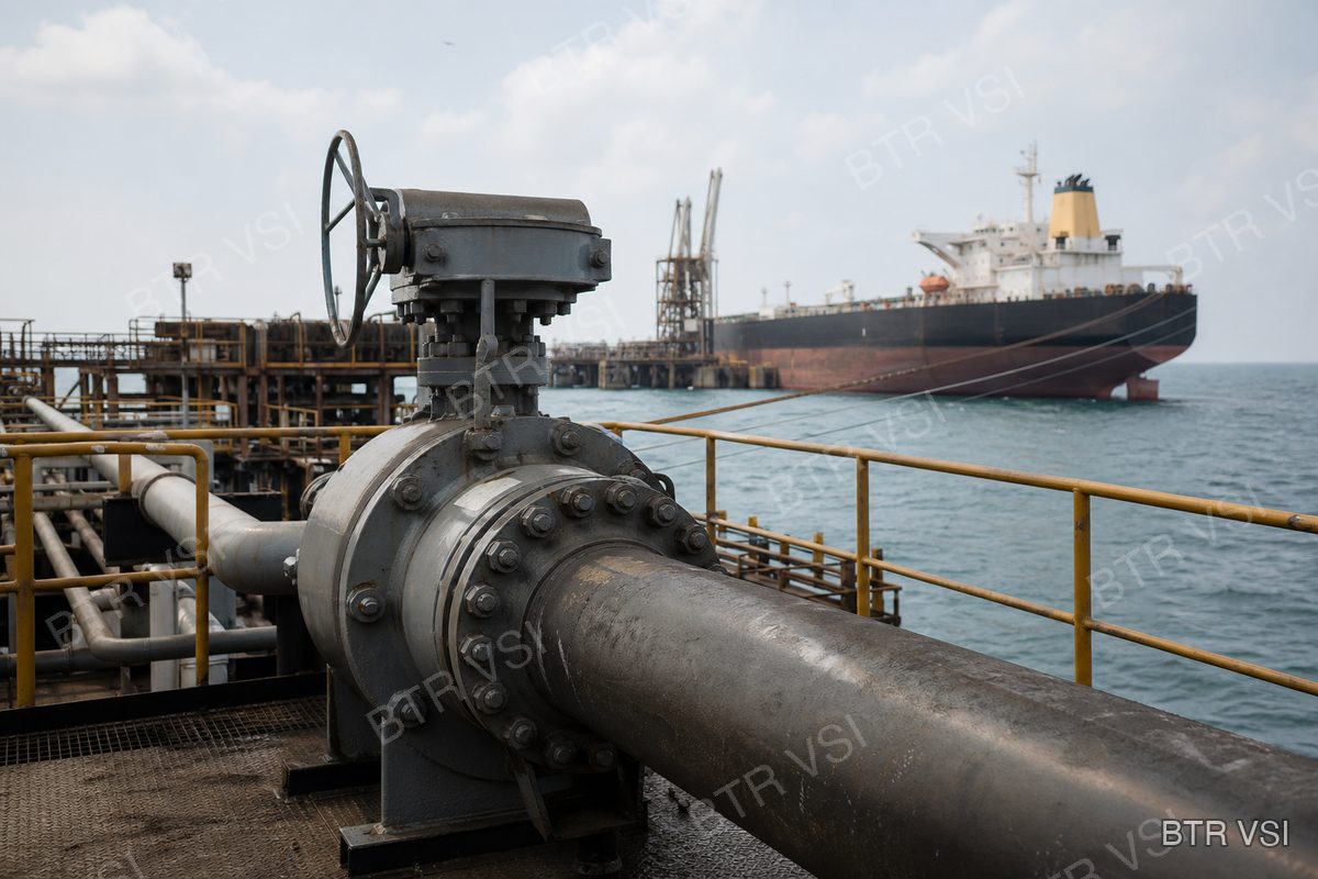 Large valve and crude oil pipework on a marine terminal jetty