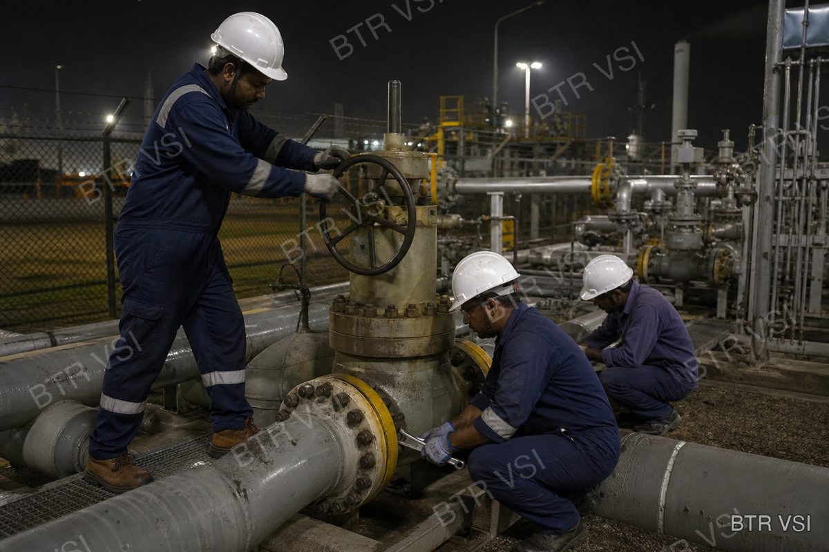 City gate gas station under floodlights at night during valve work
