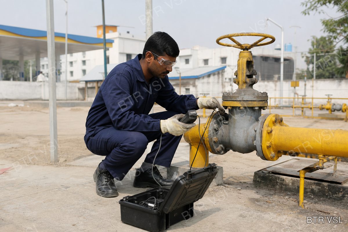 Technician servicing a city gas station valve with portable equipment
