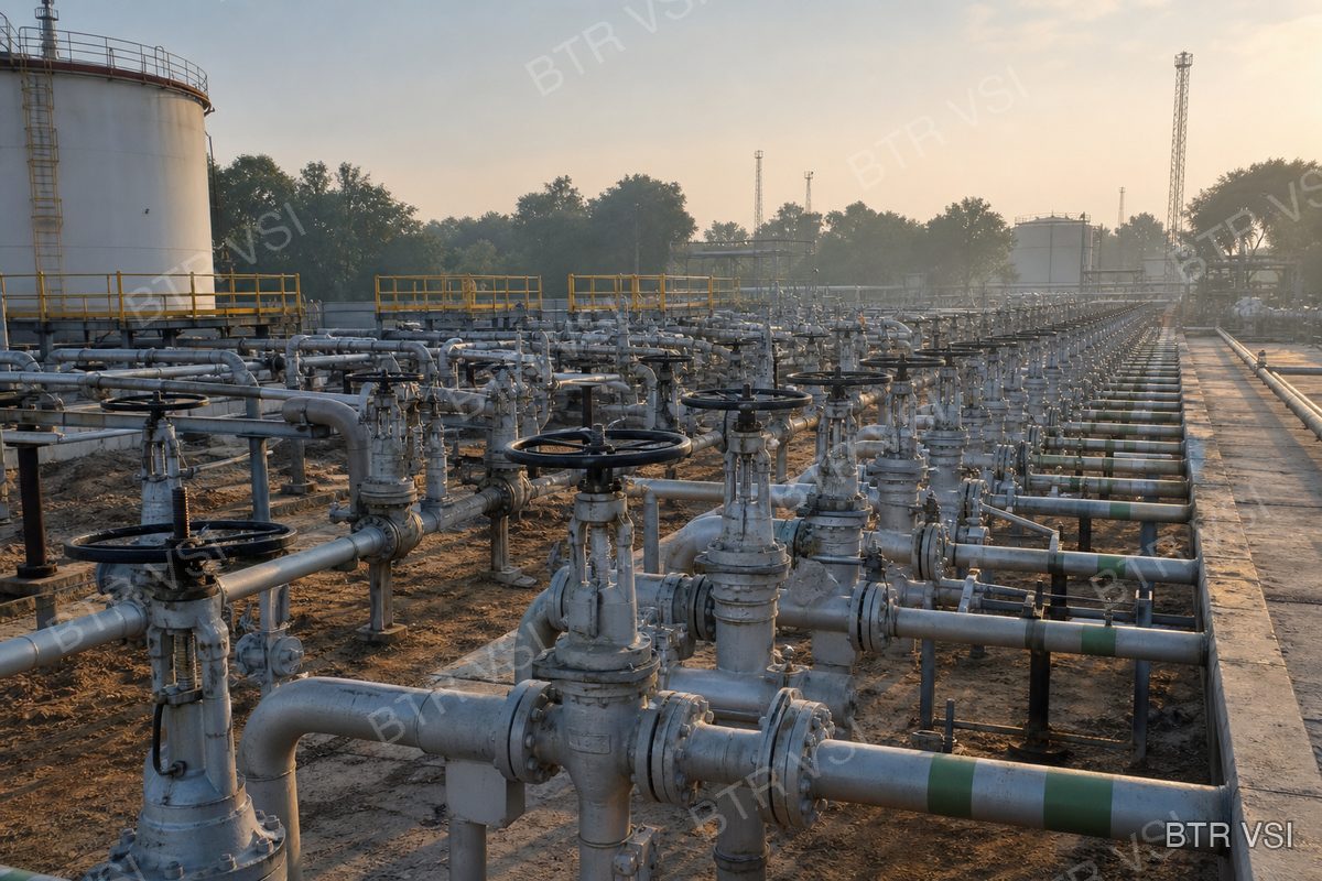 Rows of pipeline valves on a manifold at an oil terminal
