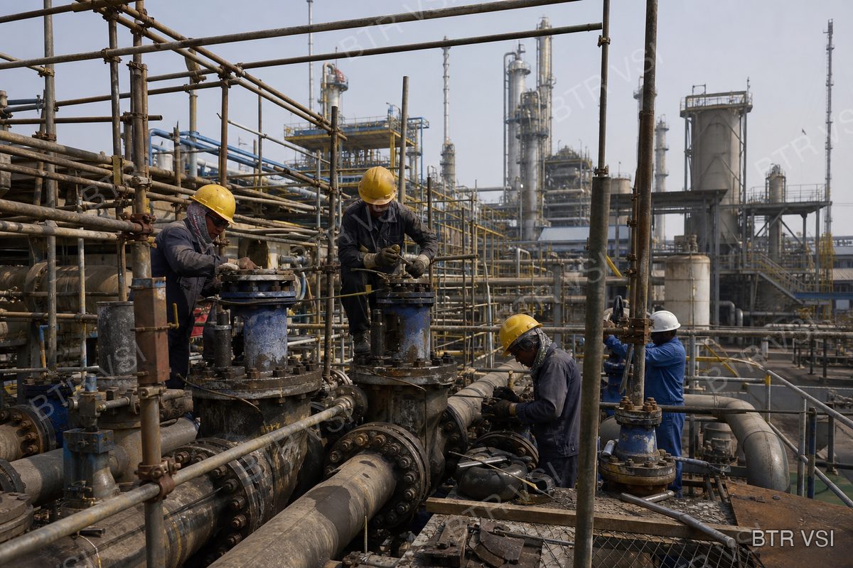 Plug valves being serviced amid scaffolding during a plant turnaround