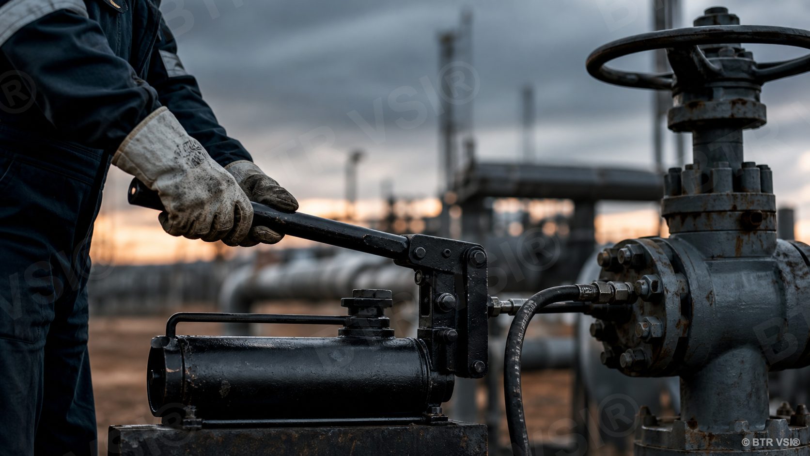 Technician operating a hydraulic sealant injection pump on a pipeline valve