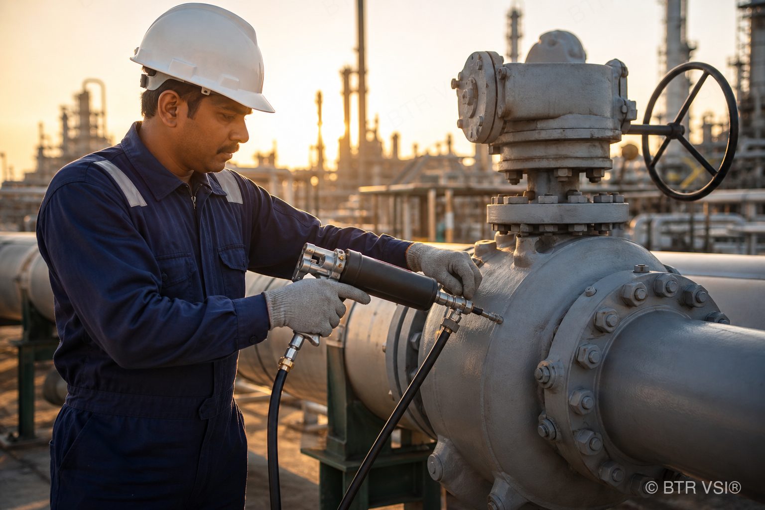 BTR VSI technician injecting sealant into a pipeline ball valve at golden hour
