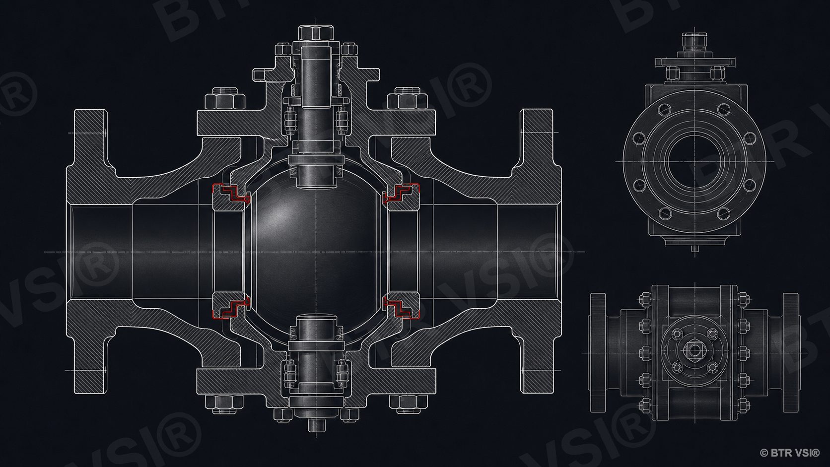 Blueprint style cross-section of a trunnion ball valve with sealant paths highlighted
