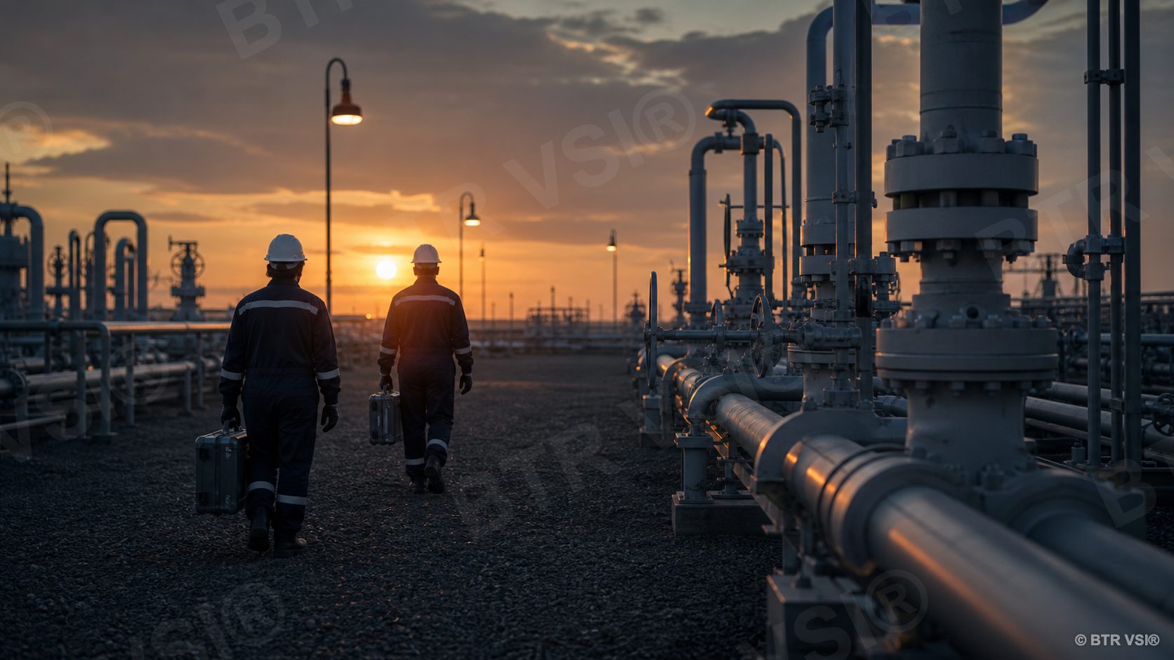 Field service engineers walking through a pipeline valve station
