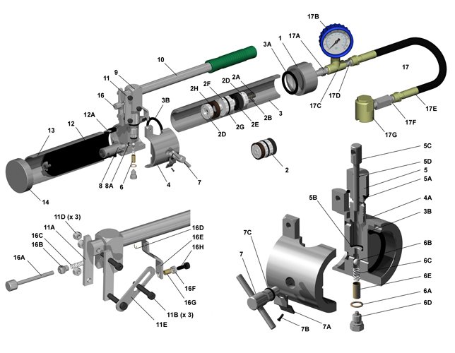 Labelled parts diagram of a sealant injection gun assembly with gauge and hose
