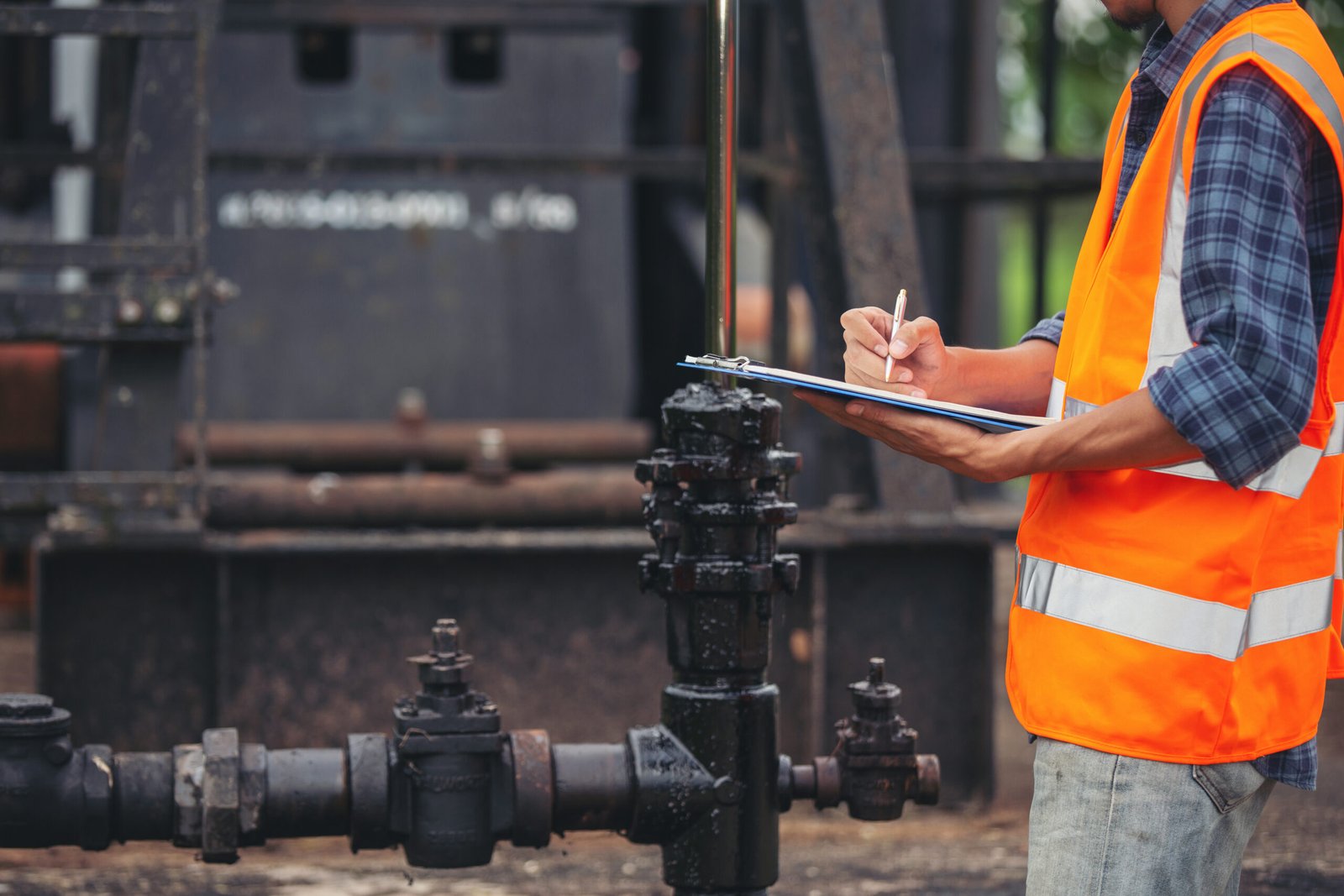 Field workers inspecting operating oil and gas equipment